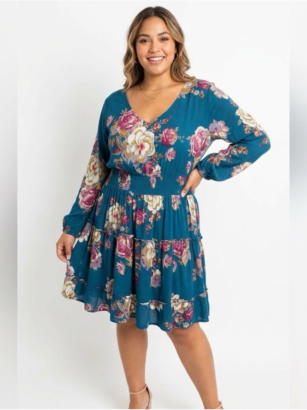 ODDI Teal Floral Smocked Tiered Mini Dress Size Medium Boho